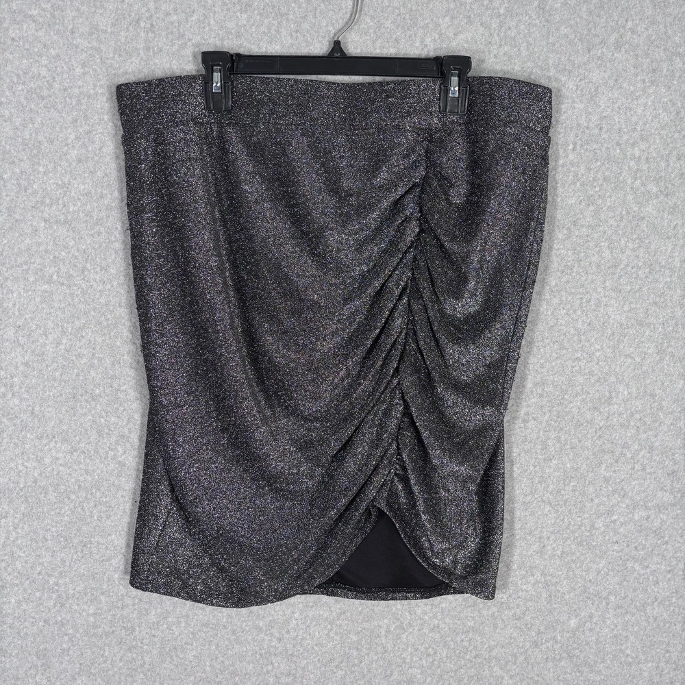 Torrid Ruched Asymmetric Metallic Skirt 2X Black Silver Stretch Bodycon Shimmer